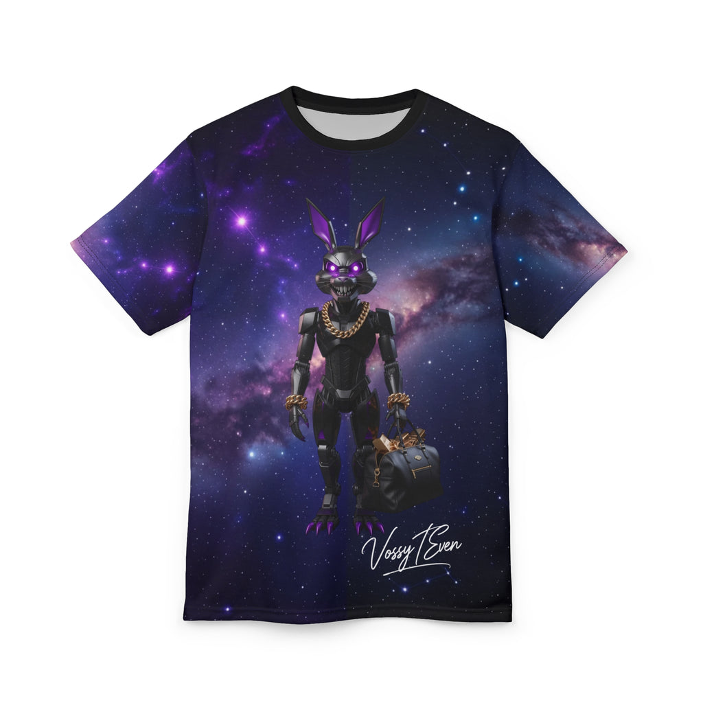 Galaxy Robot Bunny holding Bag Tee | Cosmic Space Animatronic Design
