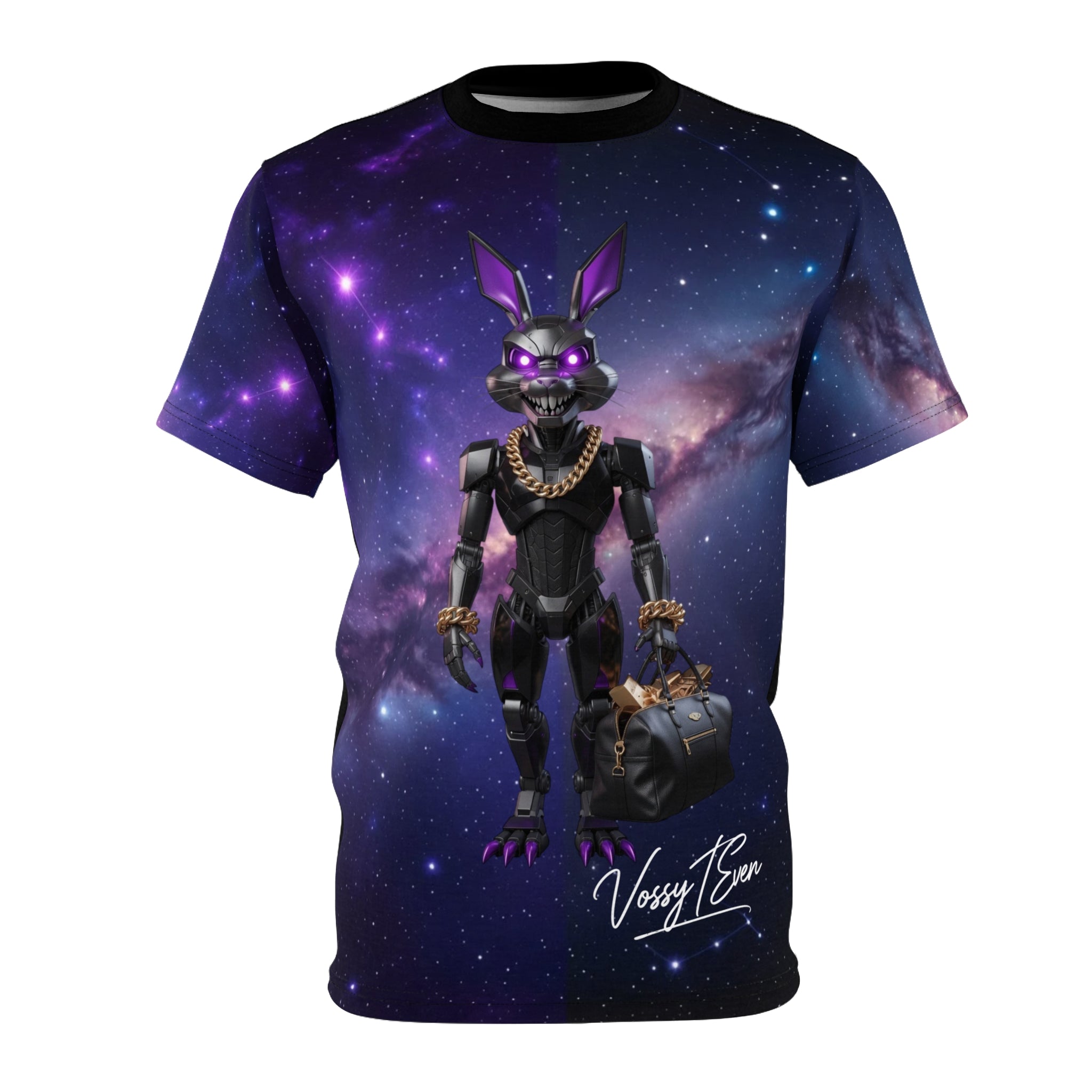Galaxy Robot Bunny holding Bag Tee | Cosmic Space Animatronic Design