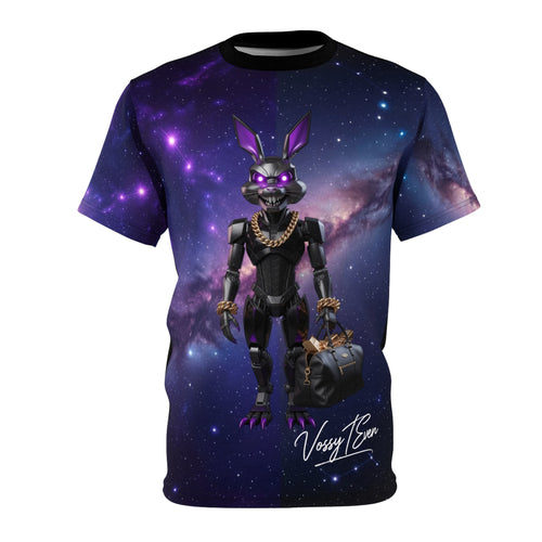 Galaxy Robot Bunny holding Bag Tee | Cosmic Space Animatronic Design